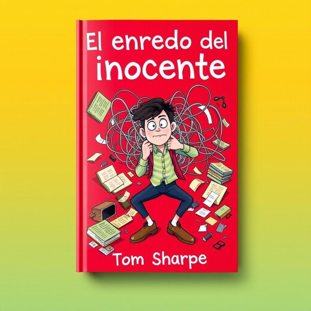 A lively book cover for 'El enredo del inocente' featuring a vibrant background of red and yellow to reflect chaos and fun