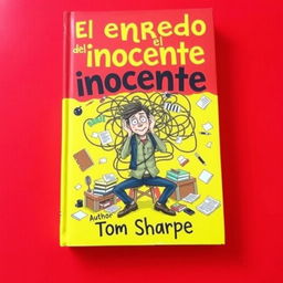 A lively book cover for 'El enredo del inocente' featuring a vibrant background of red and yellow to reflect chaos and fun