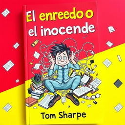 A lively book cover for 'El enredo del inocente' featuring a vibrant background of red and yellow to reflect chaos and fun