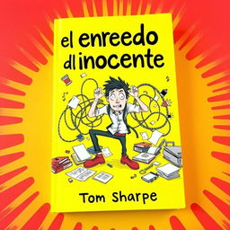 A lively book cover for 'El enredo del inocente' featuring a vibrant background of red and yellow to reflect chaos and fun