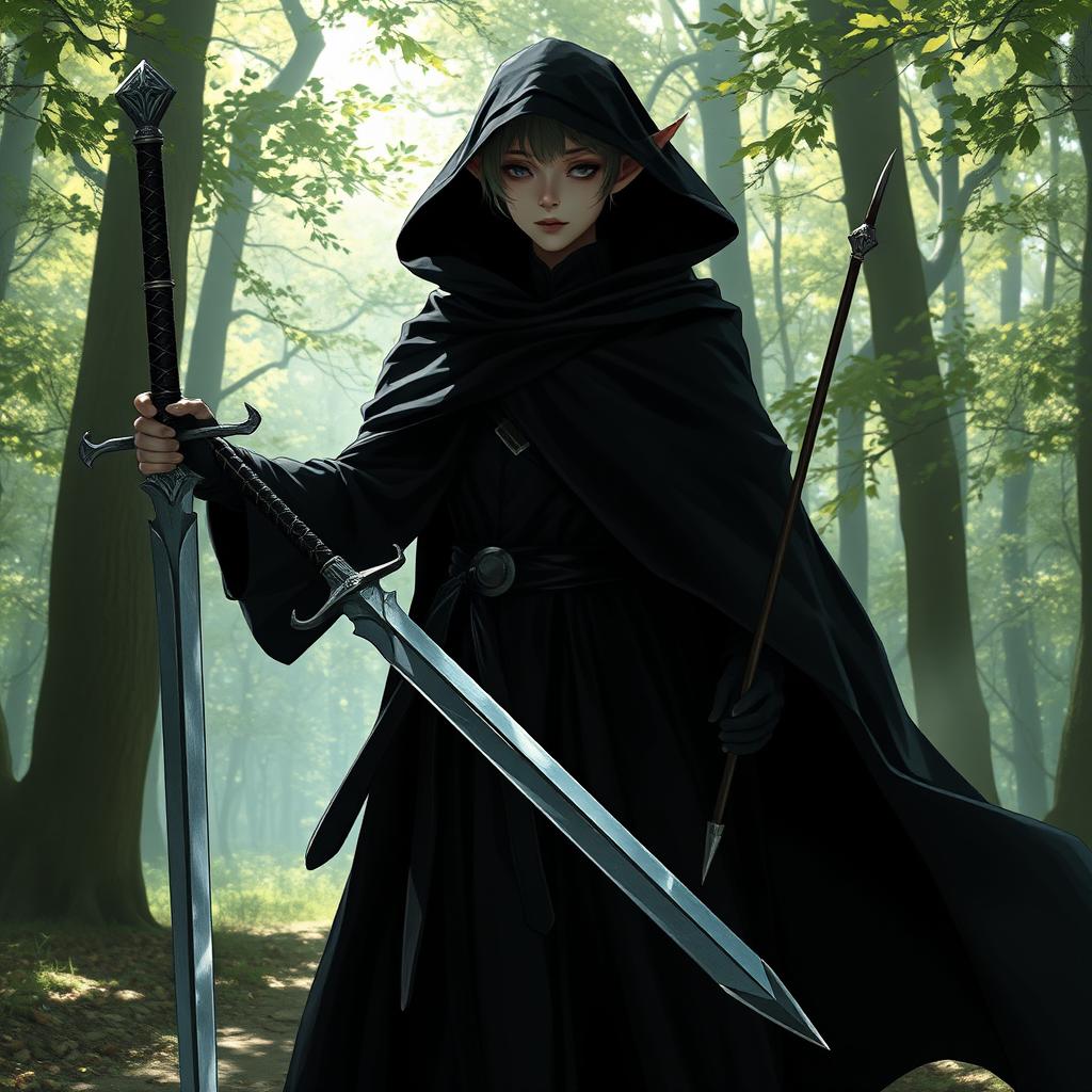 A mysterious elf dressed entirely in black, wielding a gleaming sword in one hand and elegantly holding magical staves in the other