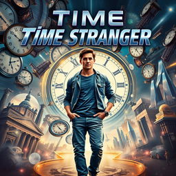 A movie poster for an adventure film titled "Time Stranger" featuring a 23-year-old man caught in the midst of a chaotic whirlwind of time travel