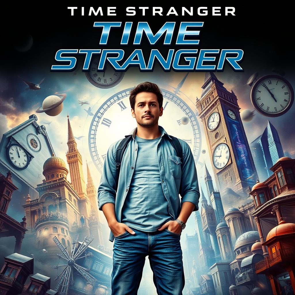 A movie poster for an adventure film titled "Time Stranger" featuring a 23-year-old man caught in the midst of a chaotic whirlwind of time travel