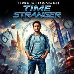 A movie poster for an adventure film titled "Time Stranger" featuring a 23-year-old man caught in the midst of a chaotic whirlwind of time travel