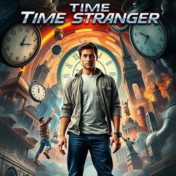 A movie poster for an adventure film titled "Time Stranger" featuring a 23-year-old man caught in the midst of a chaotic whirlwind of time travel