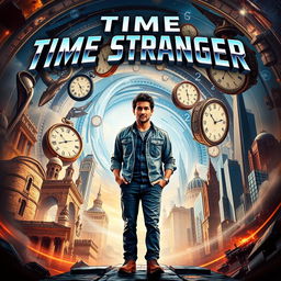 A movie poster for an adventure film titled "Time Stranger" featuring a 23-year-old man caught in the midst of a chaotic whirlwind of time travel