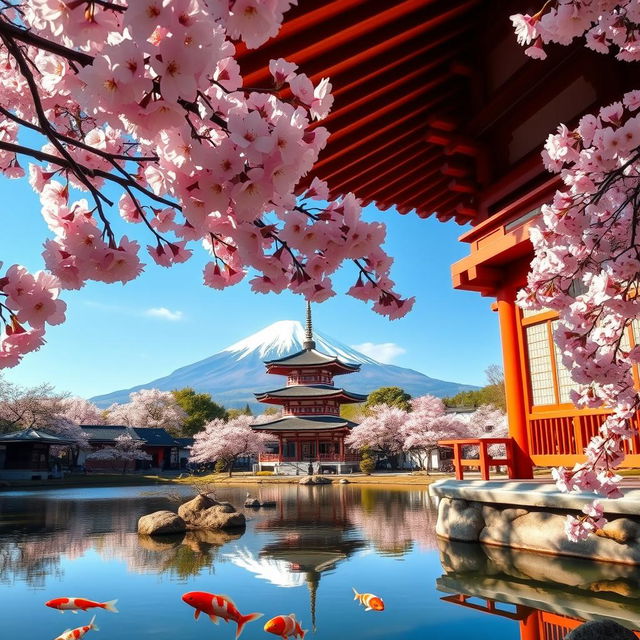 A serene view of traditional Japanese architecture, including a beautiful pagoda surrounded by cherry blossom trees in full bloom