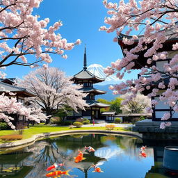 A serene view of traditional Japanese architecture, including a beautiful pagoda surrounded by cherry blossom trees in full bloom