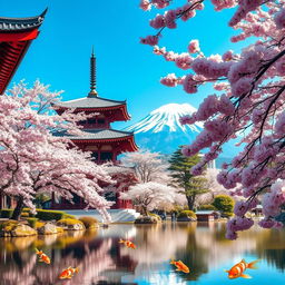 A serene view of traditional Japanese architecture, including a beautiful pagoda surrounded by cherry blossom trees in full bloom