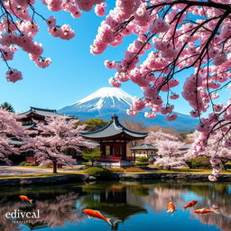 A serene view of traditional Japanese architecture, including a beautiful pagoda surrounded by cherry blossom trees in full bloom