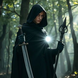 A mysterious male elf dressed entirely in black, holding a gleaming sword in his right hand and a magical staff in his left hand