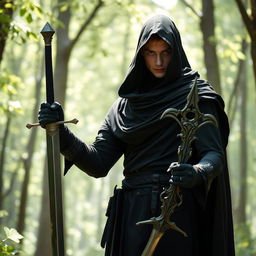 A mysterious male elf dressed entirely in black, holding a gleaming sword in his right hand and a magical staff in his left hand