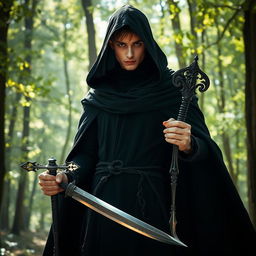 A mysterious male elf dressed entirely in black, holding a gleaming sword in his right hand and a magical staff in his left hand