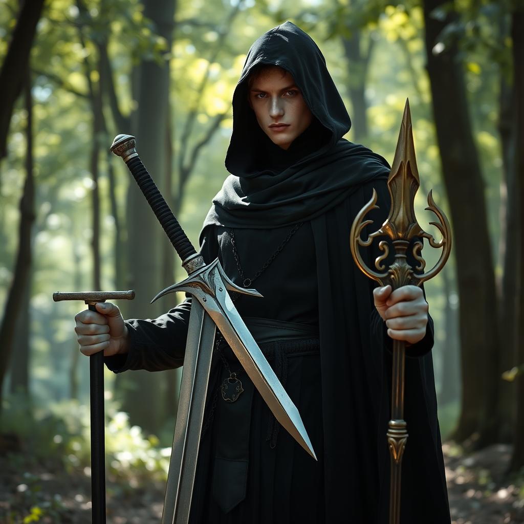 A mysterious male elf dressed entirely in black, holding a gleaming sword in his right hand and a magical staff in his left hand