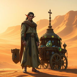 A graceful DND elf merchant stands poised against the expansive backdrop of a sun-drenched desert, his silhouette framed by towering sand dunes that stretch into the distance