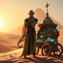 A graceful DND elf merchant stands poised against the expansive backdrop of a sun-drenched desert, his silhouette framed by towering sand dunes that stretch into the distance