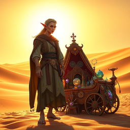 A graceful DND elf merchant stands poised against the expansive backdrop of a sun-drenched desert, his silhouette framed by towering sand dunes that stretch into the distance