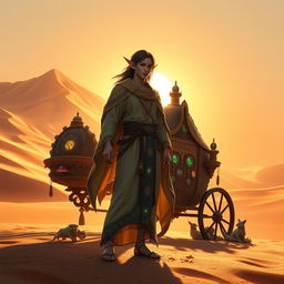 A graceful DND elf merchant stands poised against the expansive backdrop of a sun-drenched desert, his silhouette framed by towering sand dunes that stretch into the distance