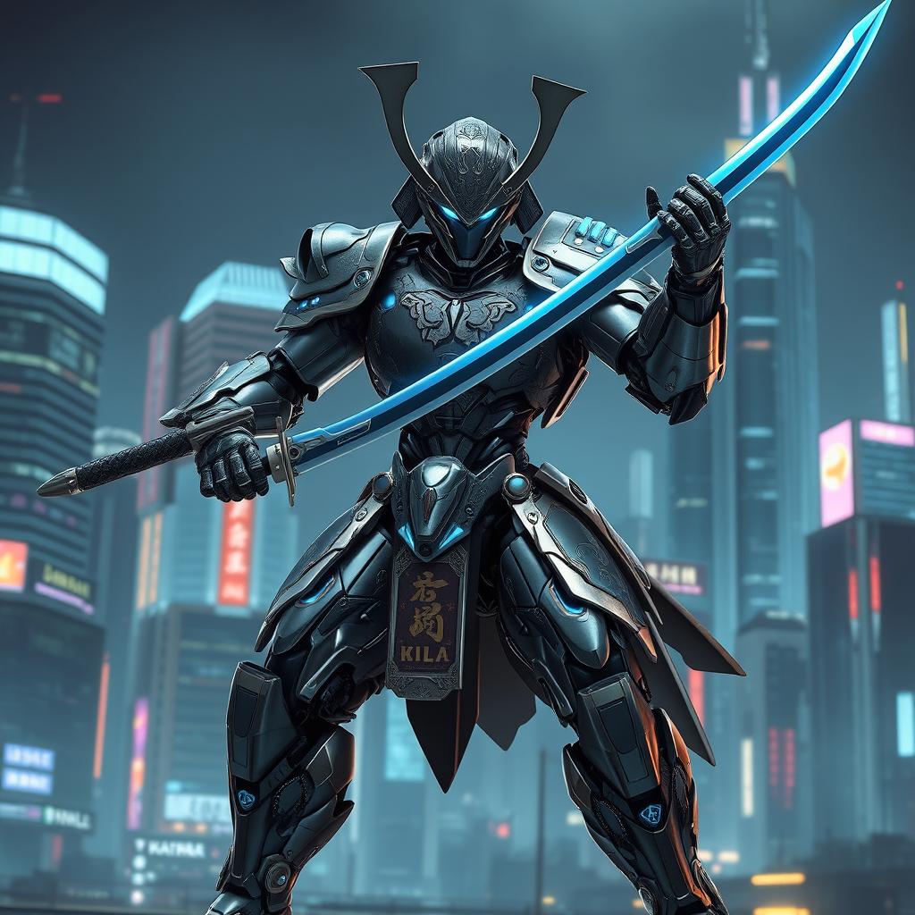 A futuristic samurai hybrid robot standing in a dynamic battle pose, combining elements of traditional samurai armor with sleek robotic features