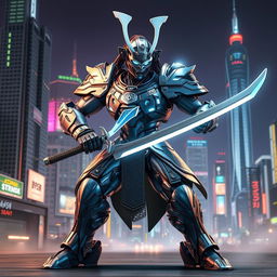 A futuristic samurai hybrid robot standing in a dynamic battle pose, combining elements of traditional samurai armor with sleek robotic features