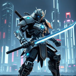 A futuristic samurai hybrid robot standing in a dynamic battle pose, combining elements of traditional samurai armor with sleek robotic features