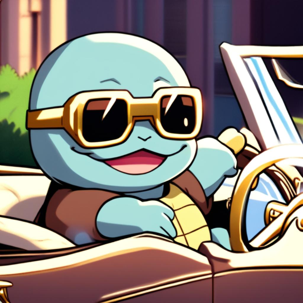 Anime-style retro profile picture featuring Squirtle driving a vintage Rolls Royce convertible with the top down, wearing sunglasses and a gold chain.