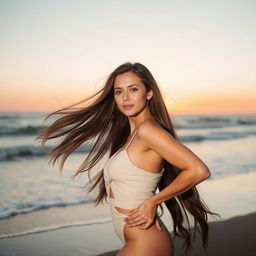 A woman standing confidently, with long flowing hair and graceful posture, highlighting elegance and empowerment