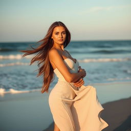 A woman standing confidently, with long flowing hair and graceful posture, highlighting elegance and empowerment