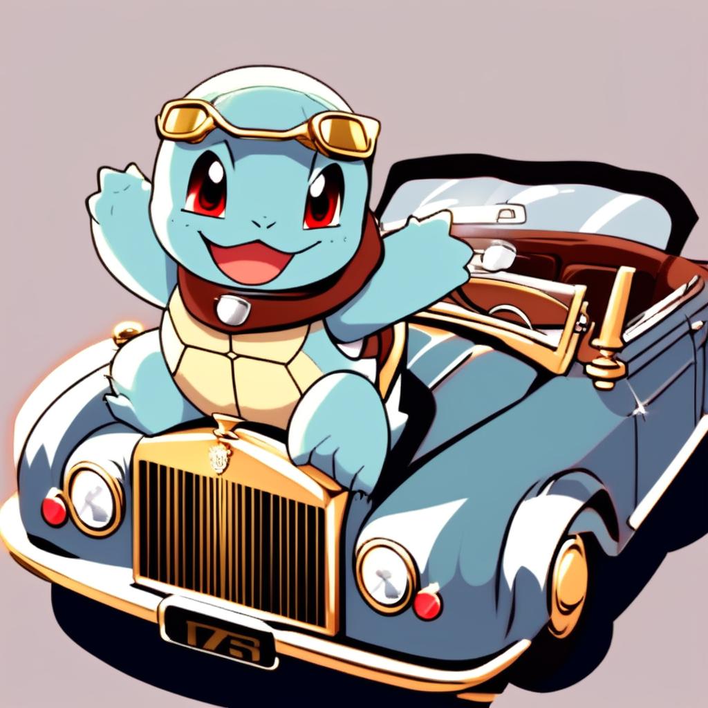 Anime-style retro profile picture featuring Squirtle driving a vintage Rolls Royce convertible with the top down, wearing sunglasses and a gold chain.