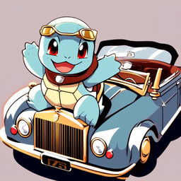 Anime-style retro profile picture featuring Squirtle driving a vintage Rolls Royce convertible with the top down, wearing sunglasses and a gold chain.