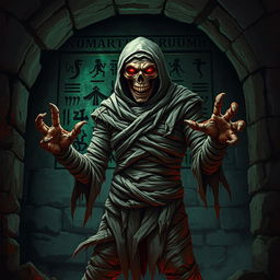 A menacing and evil DND mummy lord stands ominously within the shadows of an ancient, decrepit tomb