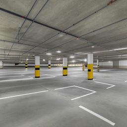 A large 1800 square feet ground floor parking area, with clear parking lines, illuminated by overhead lights.