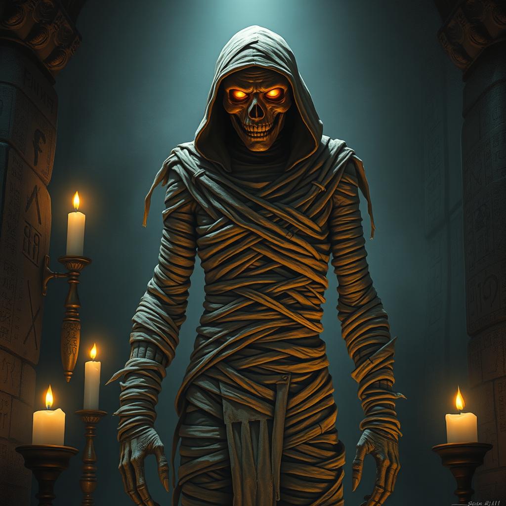 A sinister and formidable DND mummy lord reminiscent of Imhotep, cloaked in ancient mystery and dread