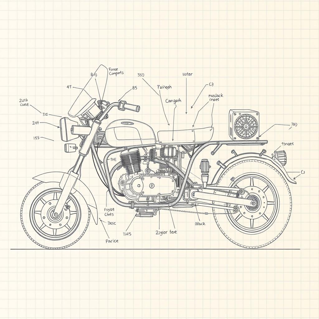 A schematic drawing of a 200cc petrol engine tricycle, showcasing the detailed mechanical components and layout