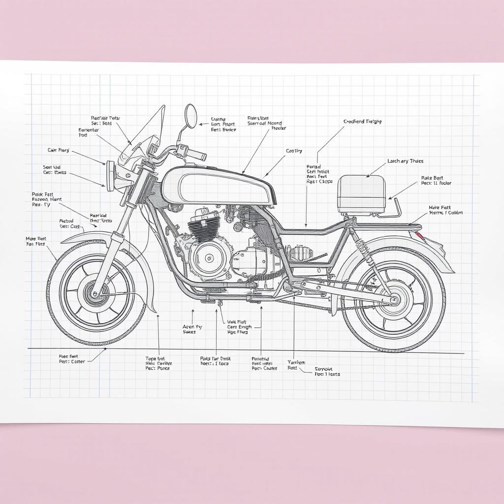 A schematic drawing of a 200cc petrol engine tricycle, showcasing the detailed mechanical components and layout