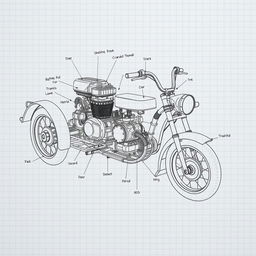 A schematic drawing of a 200cc petrol engine tricycle, showcasing the detailed mechanical components and layout