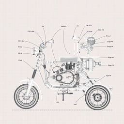 A schematic drawing of a 200cc petrol engine tricycle, showcasing the detailed mechanical components and layout