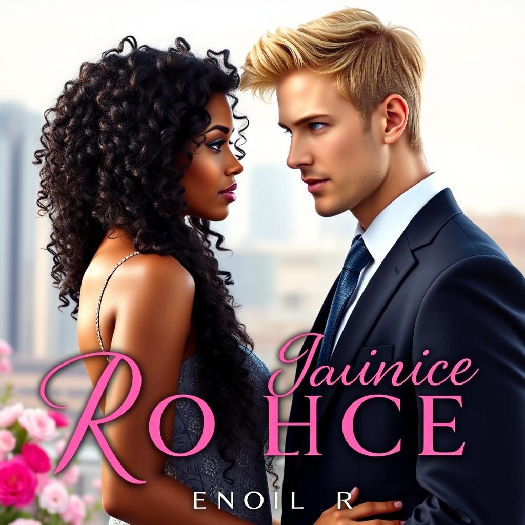 A beautiful e-book romance cover featuring a handsome blonde man with blue eyes, wearing a suit and tie, standing next to an attractive Black woman with long curly black hair reaching almost to her waist and brown eyes