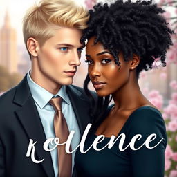 A beautiful e-book romance cover featuring a handsome blonde man with blue eyes, wearing a suit and tie, standing next to an attractive Black woman with long curly black hair reaching almost to her waist and brown eyes