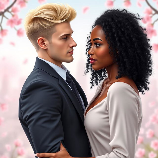 A beautiful e-book romance cover featuring a handsome blonde man with blue eyes, wearing a suit and tie, standing next to an attractive Black woman with long curly black hair reaching almost to her waist and brown eyes