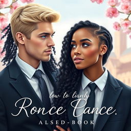 A beautiful e-book romance cover featuring a handsome blonde man with blue eyes, wearing a suit and tie, standing next to an attractive Black woman with long curly black hair reaching almost to her waist and brown eyes