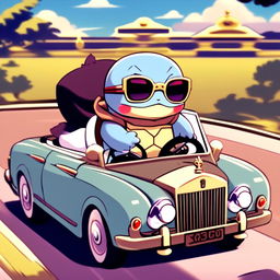 Anime-style retro profile picture featuring Squirtle driving a vintage Rolls Royce convertible with the top down, wearing sunglasses and a gold chain.