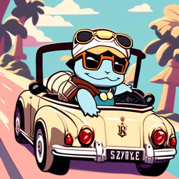 Anime-style retro profile picture featuring Squirtle driving a vintage Rolls Royce convertible with the top down, wearing sunglasses and a gold chain.