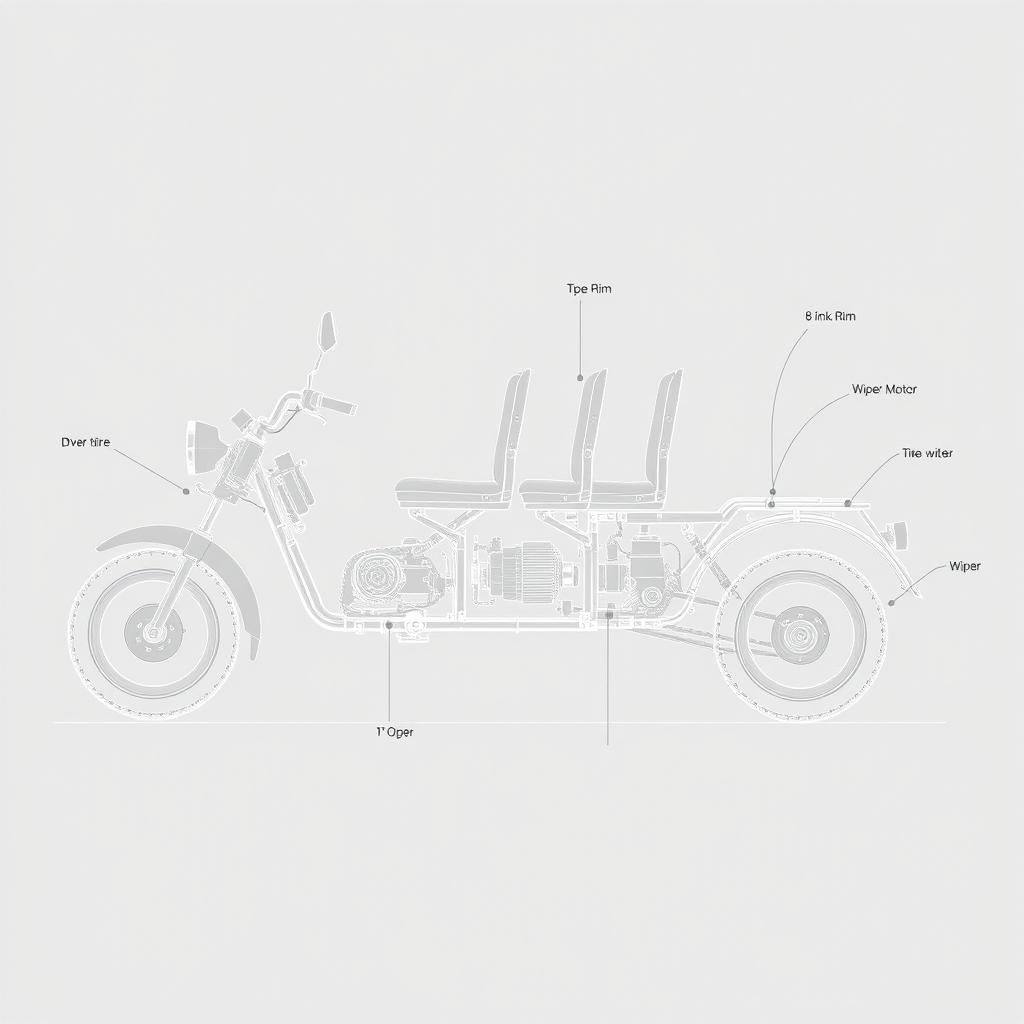 A detailed schematic drawing of a 5-passenger seater tricycle, featuring a driver seat at the front and a 3-seater arrangement in the rear