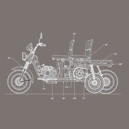 A detailed schematic drawing of a 5-passenger seater tricycle, featuring a driver seat at the front and a 3-seater arrangement in the rear