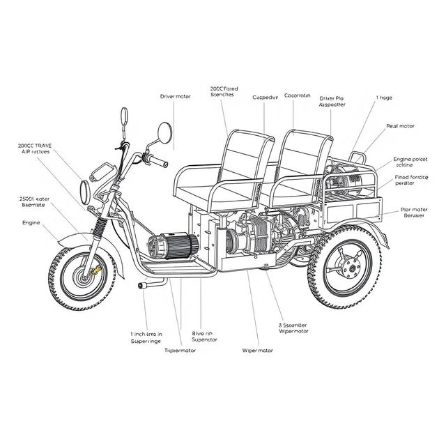 A detailed schematic drawing of a 5-passenger seater tricycle, featuring a driver seat at the front and a 3-seater arrangement in the rear