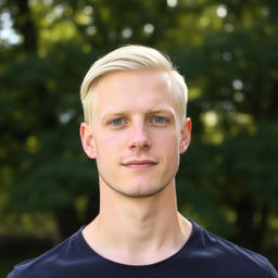 Blond man with a calm expression, standing in a peaceful natural setting