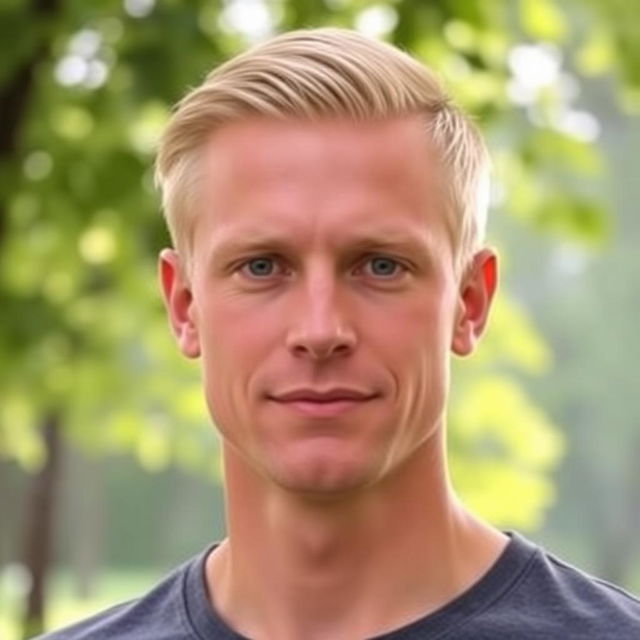 Blond man with a calm expression, standing in a peaceful natural setting