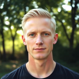 Blond man with a calm expression, standing in a peaceful natural setting