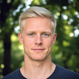 Blond man with a calm expression, standing in a peaceful natural setting